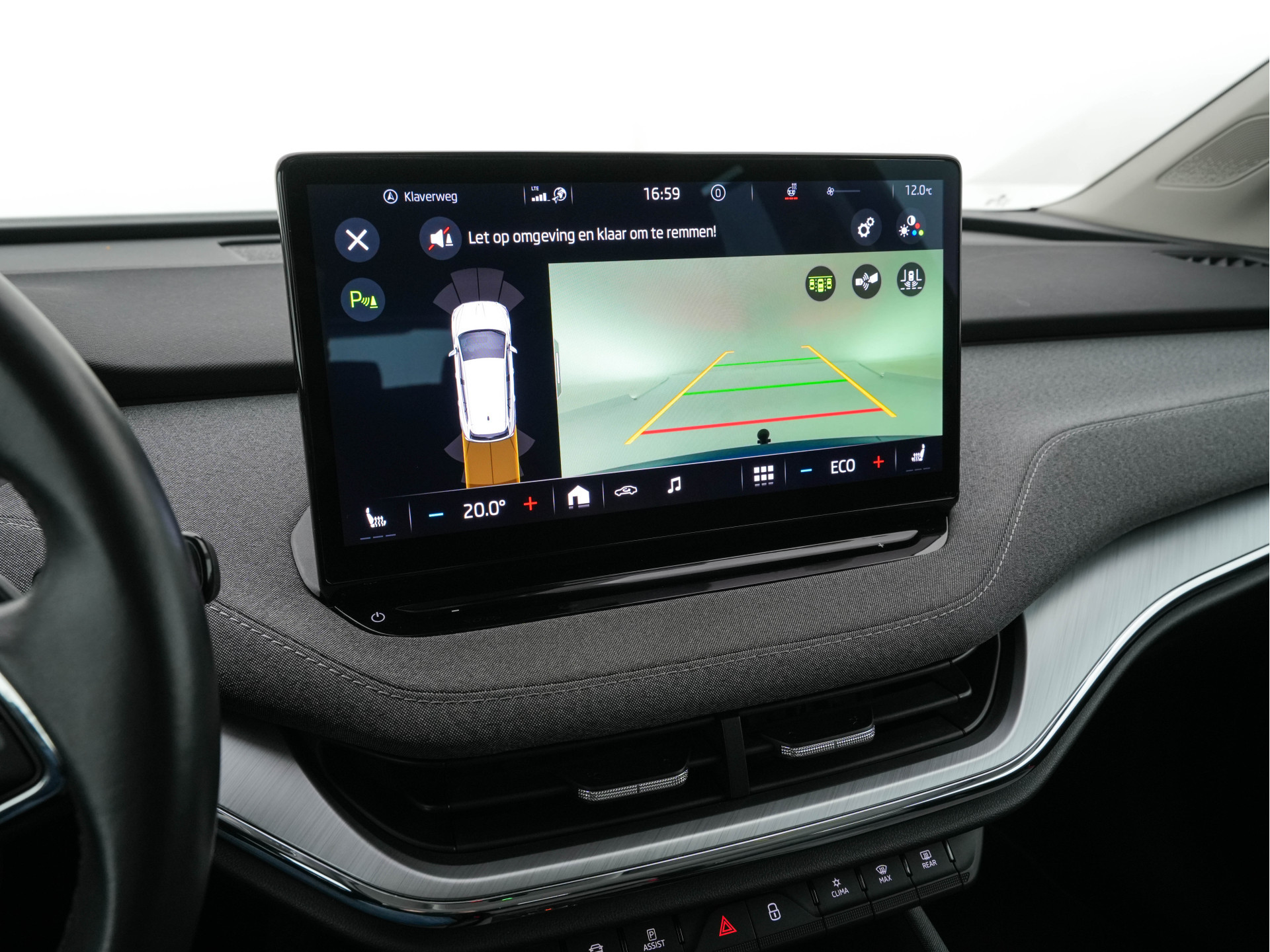 ŠKODA Enyaq iV 80 [ 3-Fase ] {SOH-88% } (INCL-BTW) *LEATHER-FABRIC | FULL-LED | DIGI-COCKPIT | CAMERA | KEYLESS | NAVI-FULLMAP | AMBIENT-LIGHT | ECC | HEATED-COMFORTSEATS | DAB+ | PDC | CRUISE | CARPLAY | TOWBAR | 19"ALU*