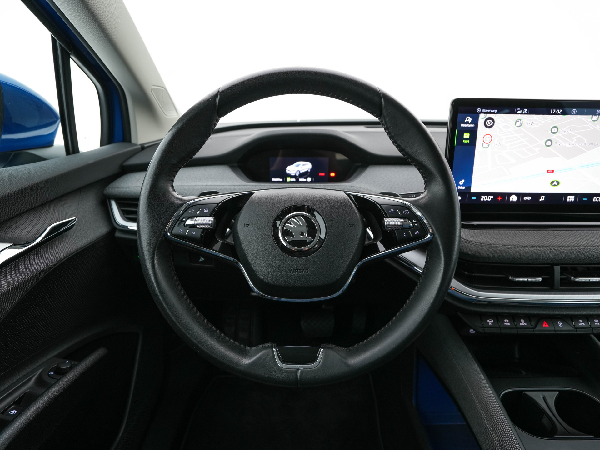 ŠKODA Enyaq iV 80 [ 3-Fase ] {SOH-88% } (INCL-BTW) *LEATHER-FABRIC | FULL-LED | DIGI-COCKPIT | CAMERA | KEYLESS | NAVI-FULLMAP | AMBIENT-LIGHT | ECC | HEATED-COMFORTSEATS | DAB+ | PDC | CRUISE | CARPLAY | TOWBAR | 19"ALU*