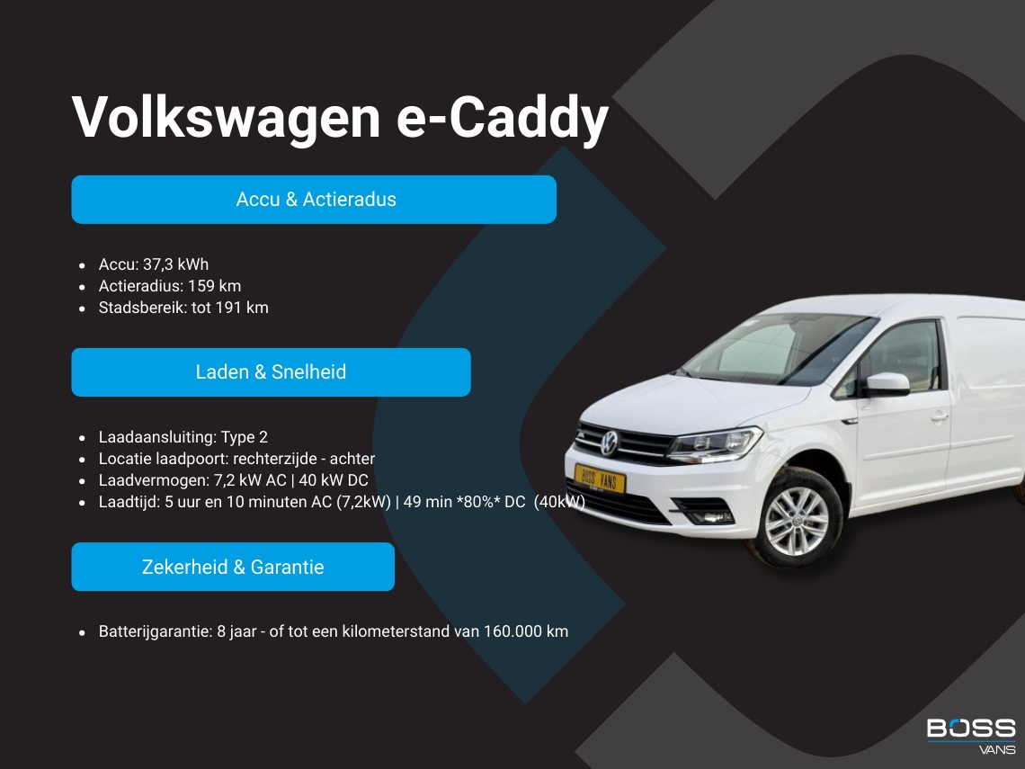 Volkswagen e-Caddy 37kWh 113PK L2H1 Elektrisch Caddy ABT Maxi 37,3kWh 159km WLTP Trekhaak Lichmetalen Velgen Airco Stoelverwarming Apple Carplay Parkeersensoren